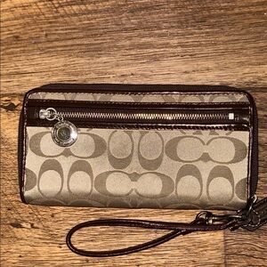 Coach Signature Tan and Brown Wristlet